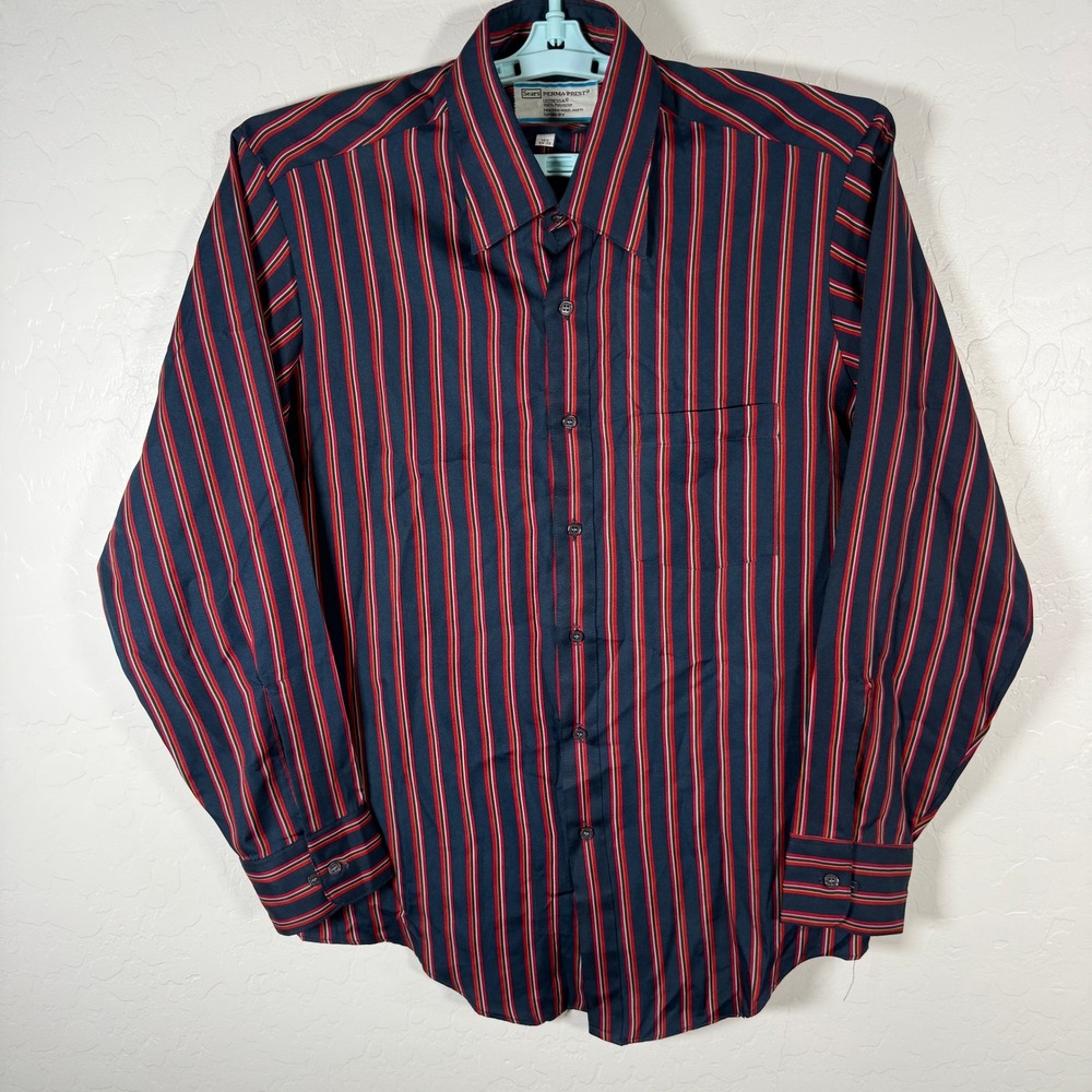 Sears Perma-Prest Button Down Shirt Mens 16.5‎ Blue Red Striped Vintage